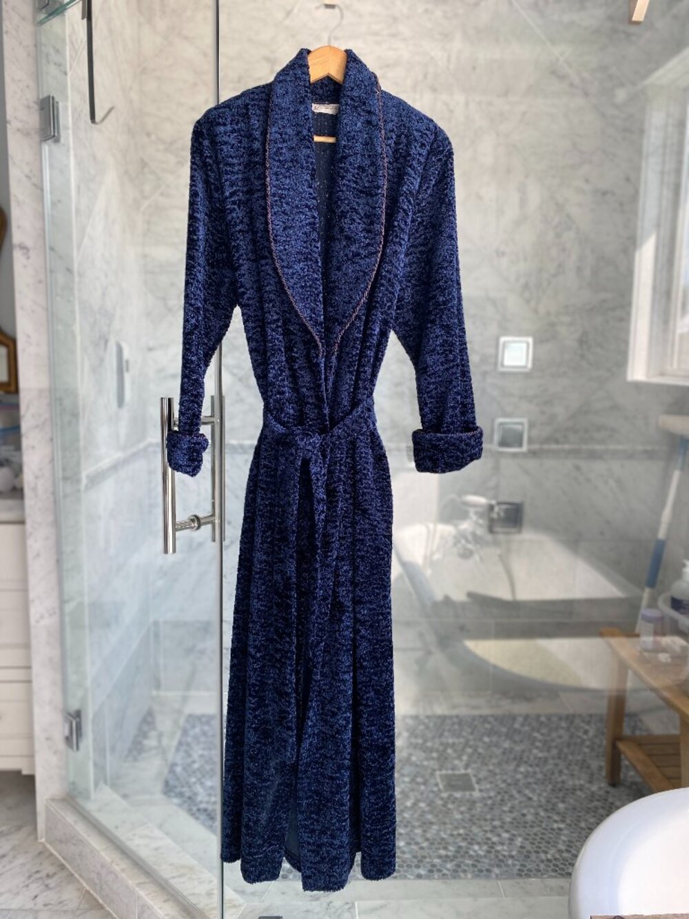 Vintage Diamond Tea Navy Velour Belted Full Length Robe Housecoat EUC